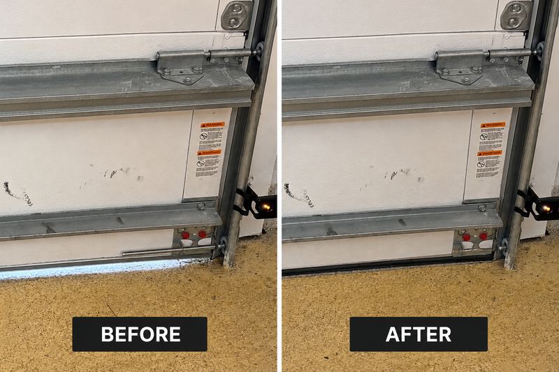 Before and after: a garage door with a gap and worn seal at the bottom, then sealed flush to the floor with a new bottom weather seal
