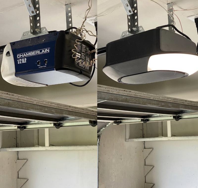 Before and after: an old blue Chamberlain 1/2 HP chain-drive opener replaced with a new opener with a built-in LED light
