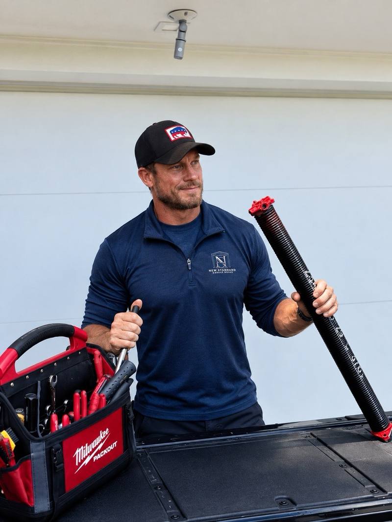 Matt holding a new torsion spring next to his Milwaukee Packout tool bag